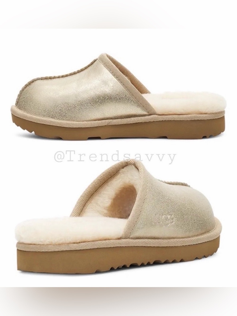 UGG Keegan Metallic Gold Slide Slippers 1M Big Kids UGGplush Faux Fur Lined Cozy
